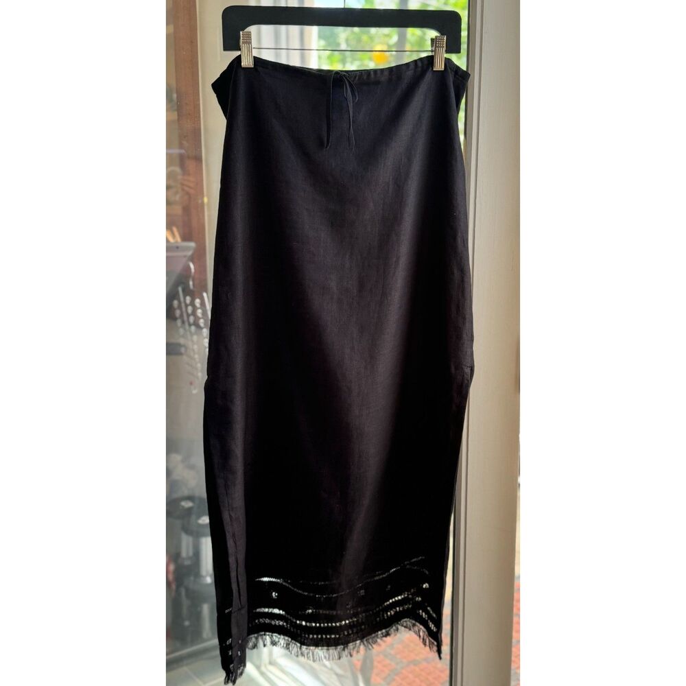 Max Studio Blk 100% Linen Side Slits Embroidered Fringe Hem Lagnlook Skirt SZ M